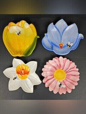 Harry & David 2007 Collectible Flower Plates With Bumblebees 8" Serving Lot Of 4